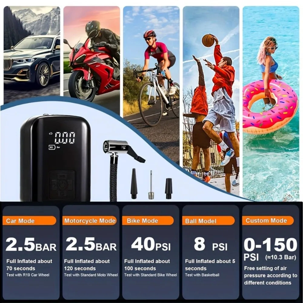Digital Display Air Pump Portable Air Compressor LED Light Wireless Cordless Tire Inflation for Car Motorcycle Boat Tyre Balls