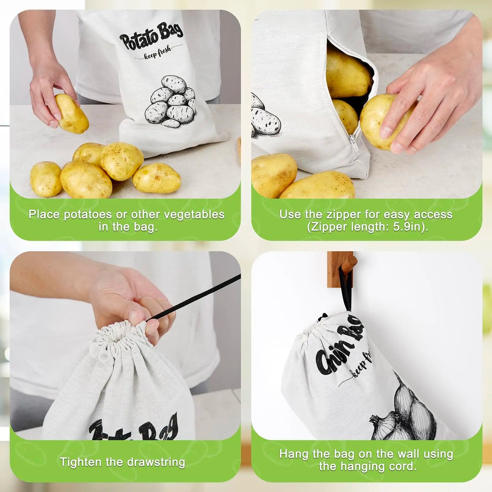 Onion & Potato Storage Bag Large Canvas Drawstring Fresh Keeper